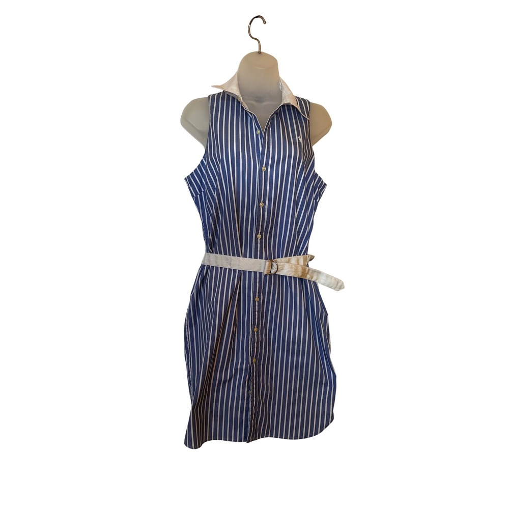 Ralph Lauren Sport Blue White Striped Sleeveless Cotton Shirt Dress Belted 12